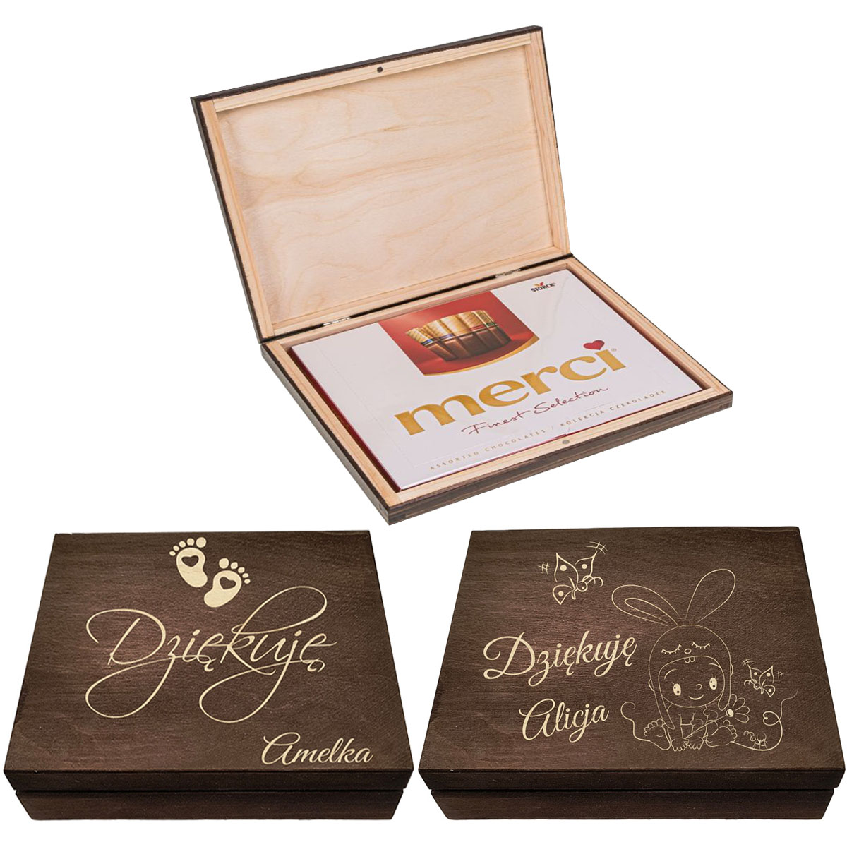 Pudełko na czekoladki Merci prezent podziękowanie dla chrzestnych roczek twój napis grawer brąz