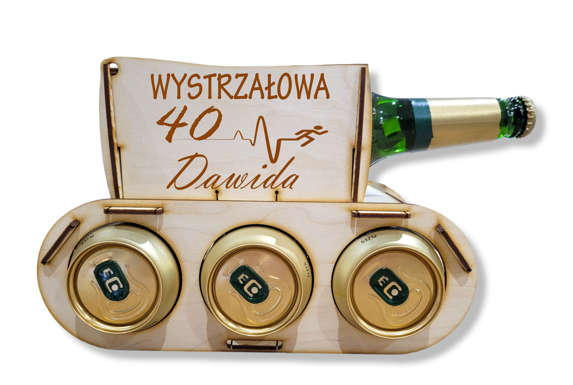 Drewniany czołg na piwo, alkohol, prezent 18, 30, 40, 50 urodziny dla dziadka, chłopaka, taty, kawalerski - GRAWER, IMIĘ, NAPIS