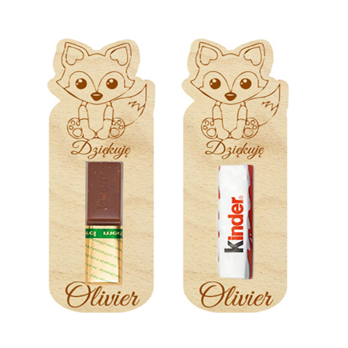 Podziękowanie dla gości MERCI czekoladki prezent z życzeniami na Komunię Roczek Urodziny Ślub Chrzest Święty IMIĘ grawer Lisek