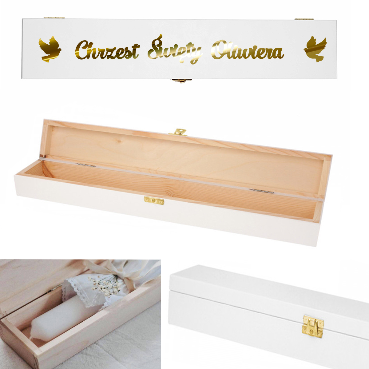 Pudełko drewniane na świecę na Chrzest Święty, kolor biały, imię data napis złoty