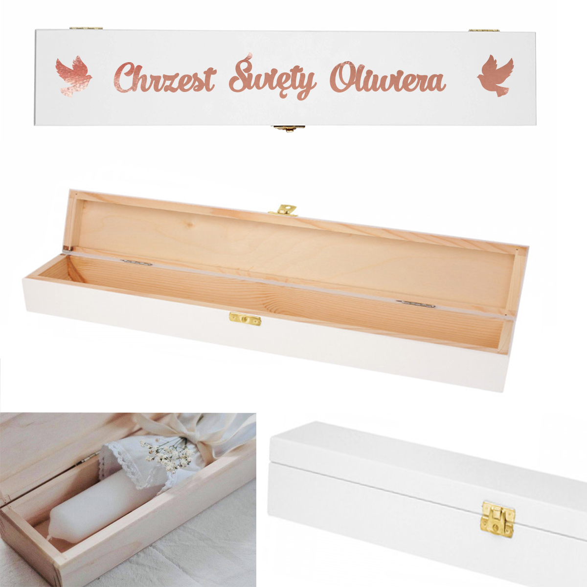 Pudełko drewniane na świecę na Chrzest Święty, kolor biały, imię data napis różowe złoto