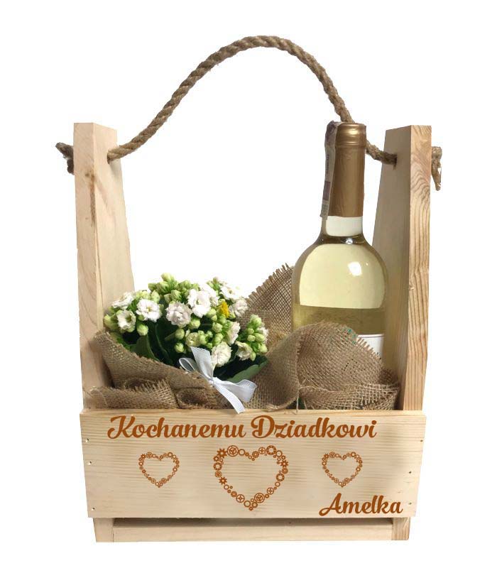 Prezent dla babci i dziadka nosidło doniczka na kwiaty piwo słodycze narzędzia skrzynka napis Imię GRAWER
