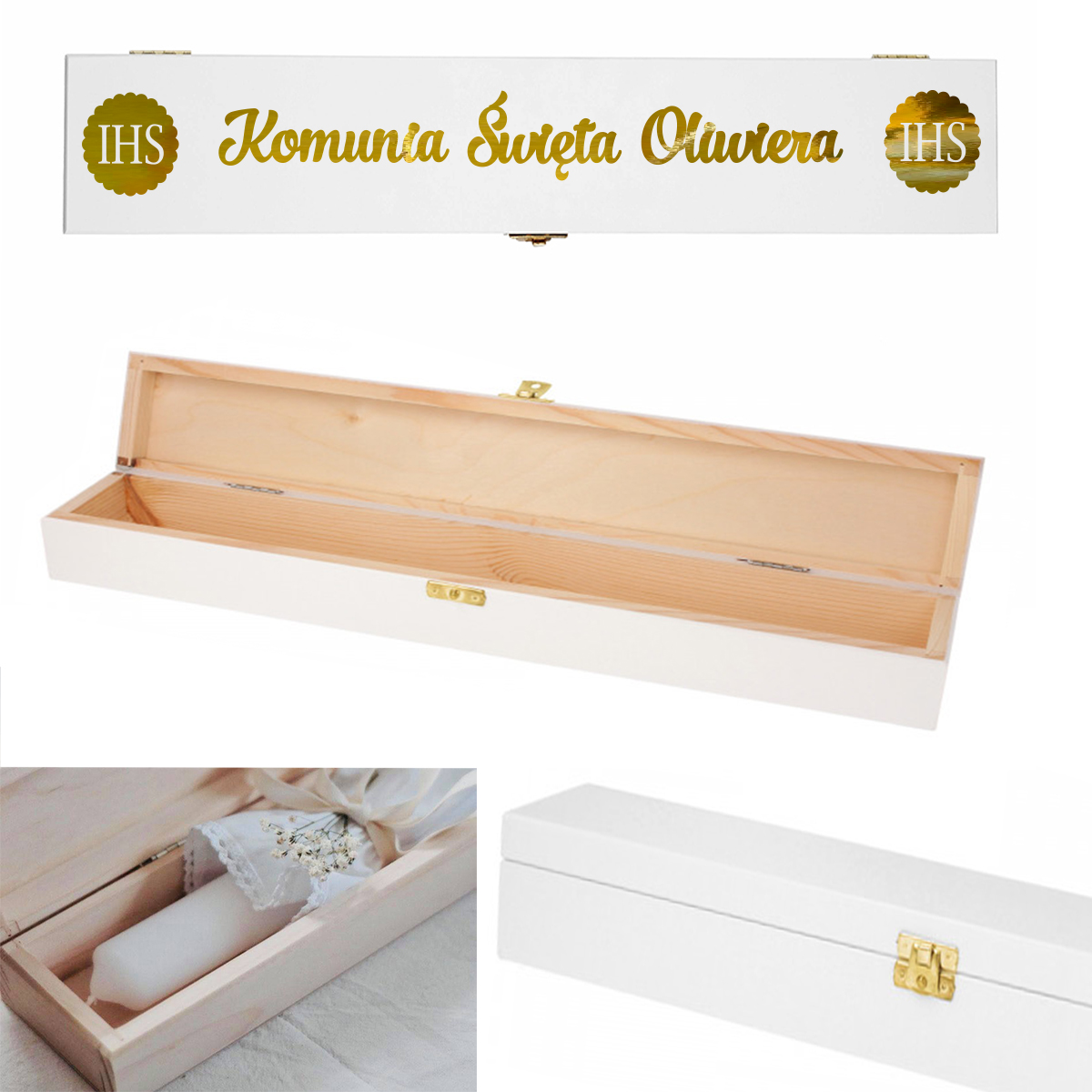 Pudełko drewniane na świecę na Komunię Świętą, kolor biały, imię data napis złoty