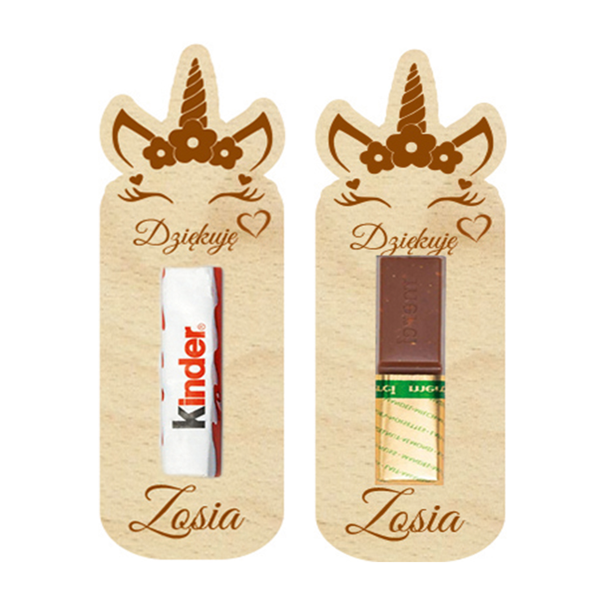 Podziękowanie dla gości MERCI czekoladki prezent z życzeniami na Komunię Roczek Urodziny Ślub Chrzest Święty IMIĘ grawer Jednorożec