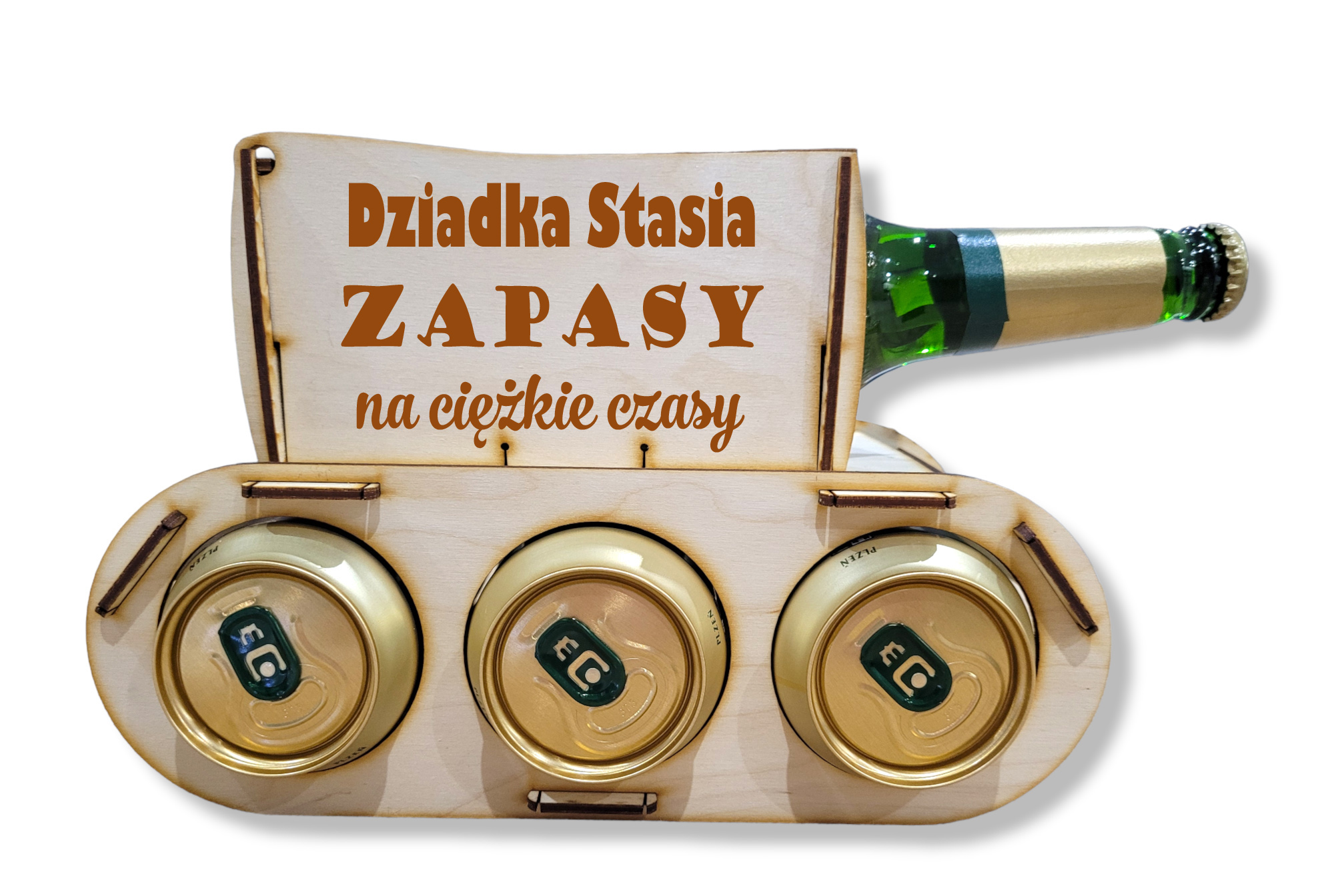 Drewniany czołg na piwo, alkohol, prezent 18, 30, 40, 50 urodziny dla dziadka, chłopaka, taty, kawalerski - GRAWER, IMIĘ, NAPIS