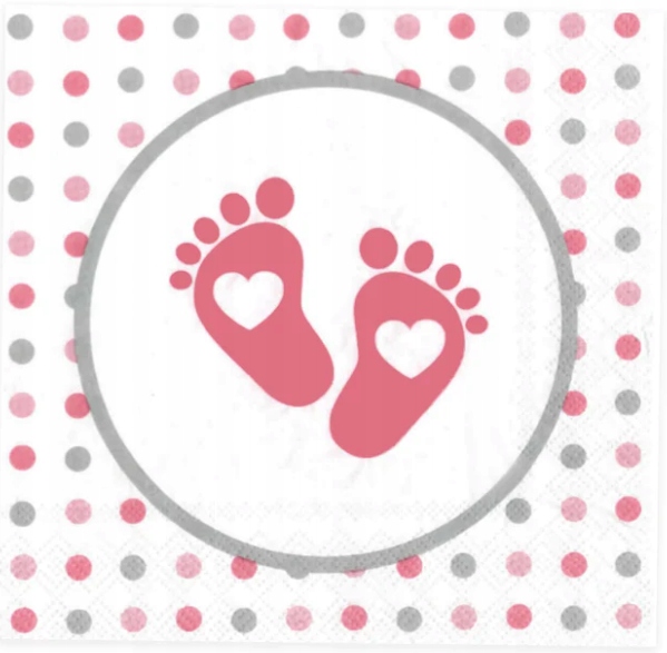 Serwetki biało różowe na Chrzest Święty nadruk stópki 20 szt