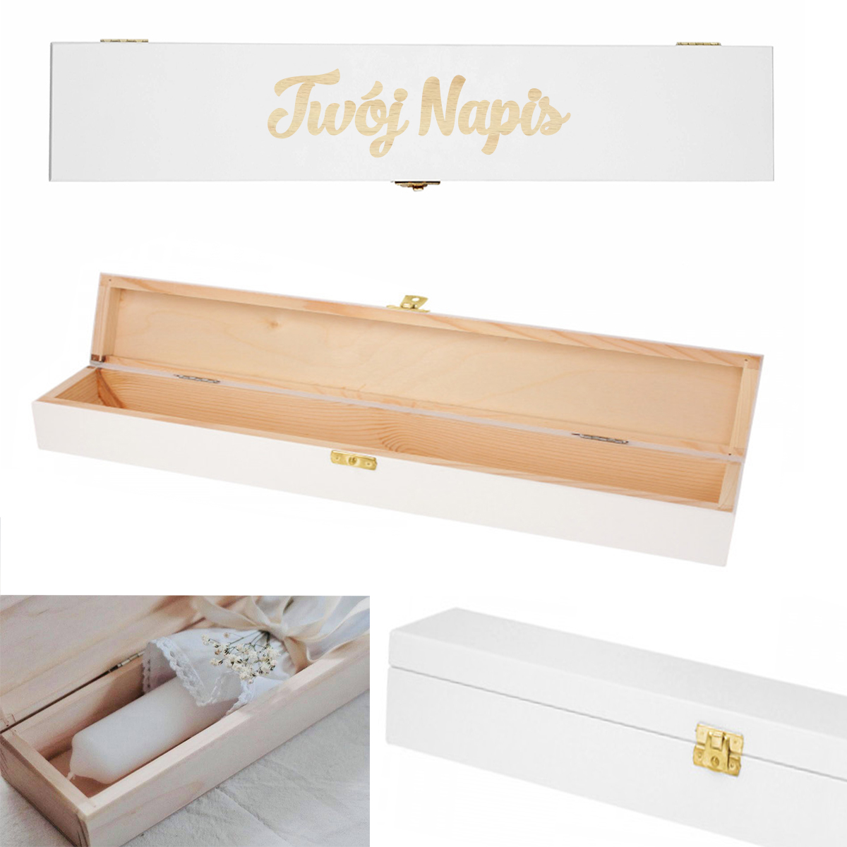 Pudełko drewniane na świecę na Chrzest, Komunię kolor biały, imię data Twój napis drewniano