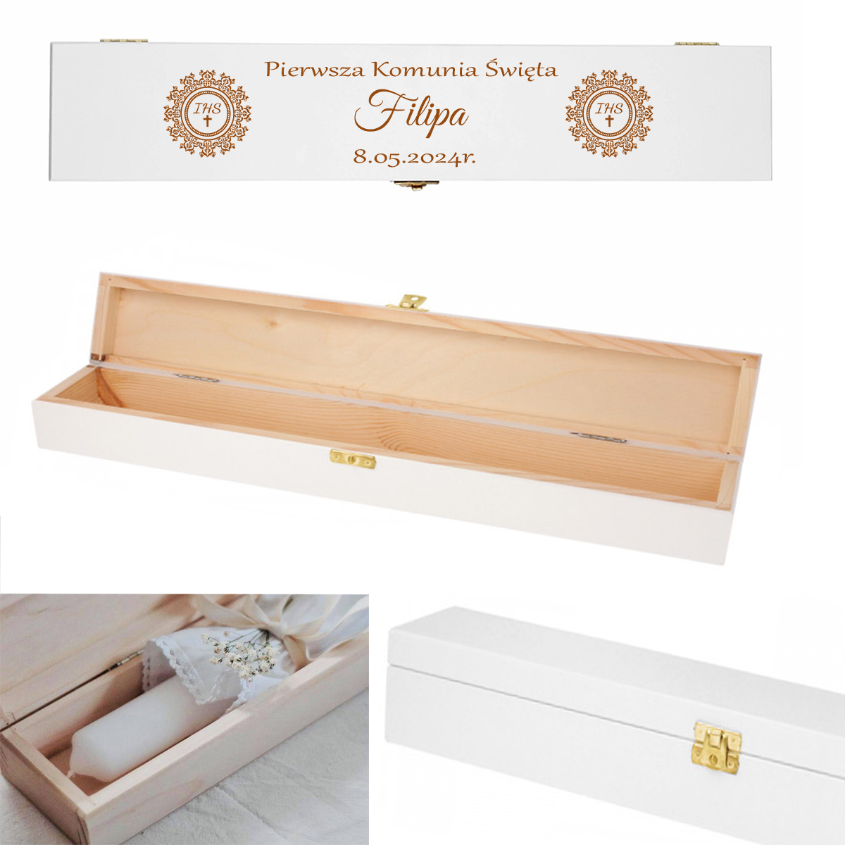 Pudełko drewniane na świecę na Komunię Świętą, kolor biały, grawer imię data napis