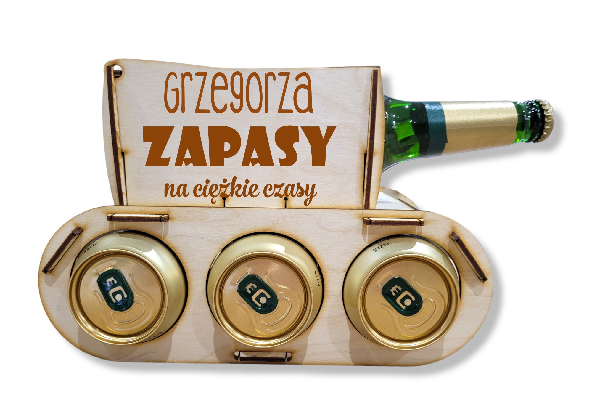 Drewniany czołg na piwo, alkohol, prezent 18, 30, 40, 50 urodziny dla dziadka, chłopaka, taty, kawalerski - GRAWER, IMIĘ, NAPIS