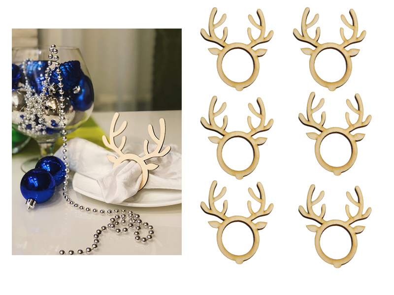 Drewniane obrączki na serwetki Renifer, naturalne drewno (1 op. / 6 szt.)