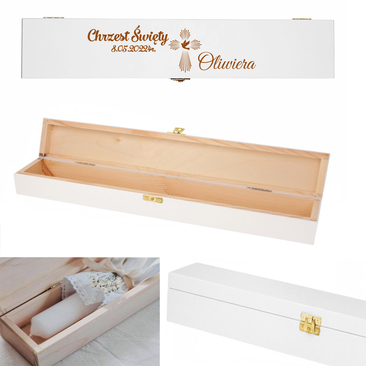 Pudełko drewniane na świecę na Chrzest Święty, kolor biały, grawer imię data napis