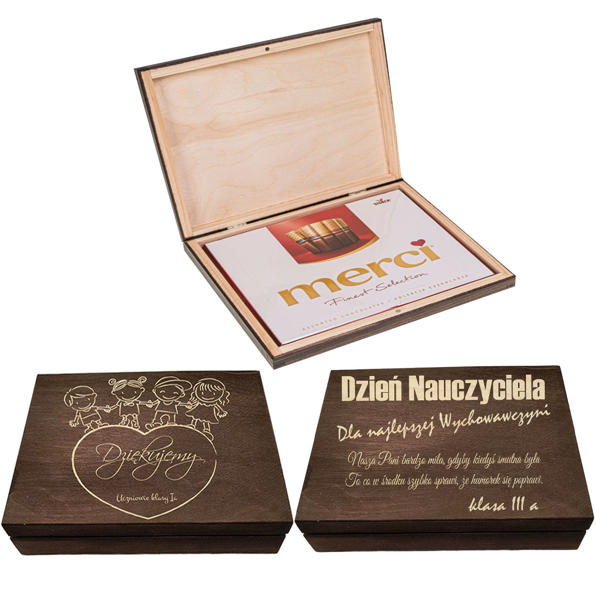Pudełko na czekoladki Merci prezent dzień nauczeciela twój napis grawer brąz