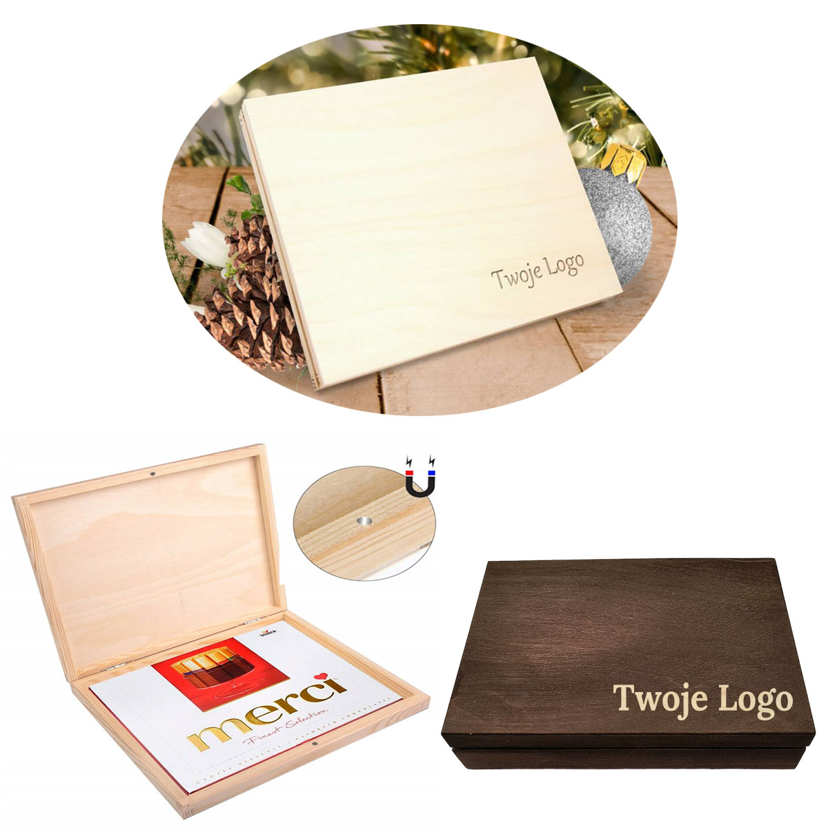 Pudełko na czekoladki Merci prezent Twoje LOGO napis grawer