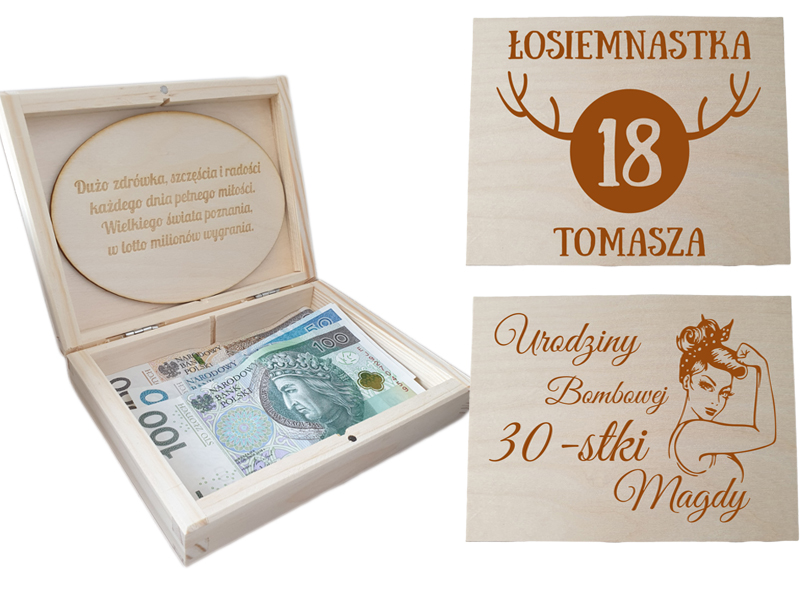 Pudełko na pieniądze, prezent na urodziny 18, 30, 40, 50, 60, kartka, grawer, życzenia.