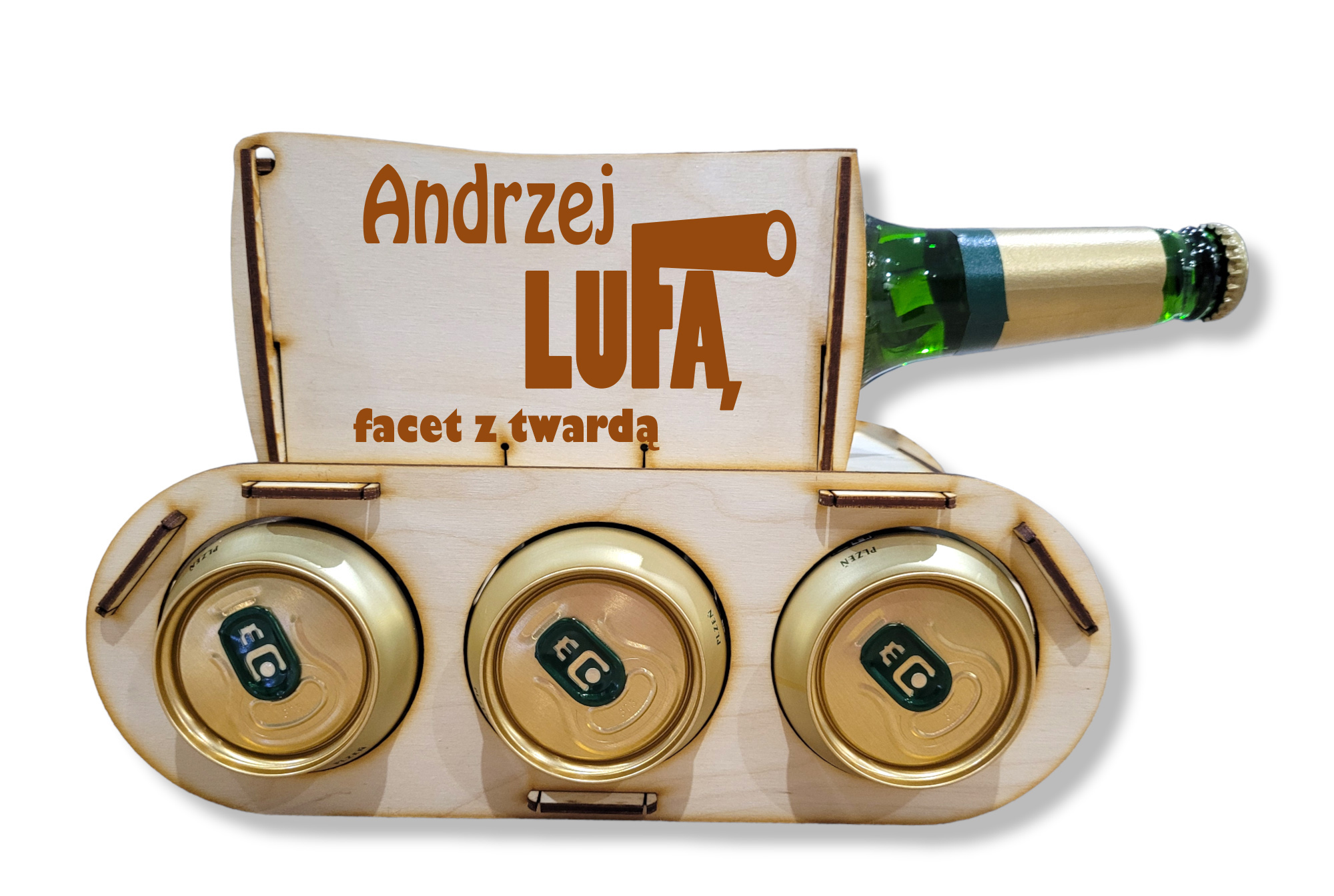 Drewniany czołg na piwo, alkohol, prezent 18, 30, 40, 50 urodziny dla dziadka, chłopaka, taty, kawalerski - GRAWER, IMIĘ, NAPIS