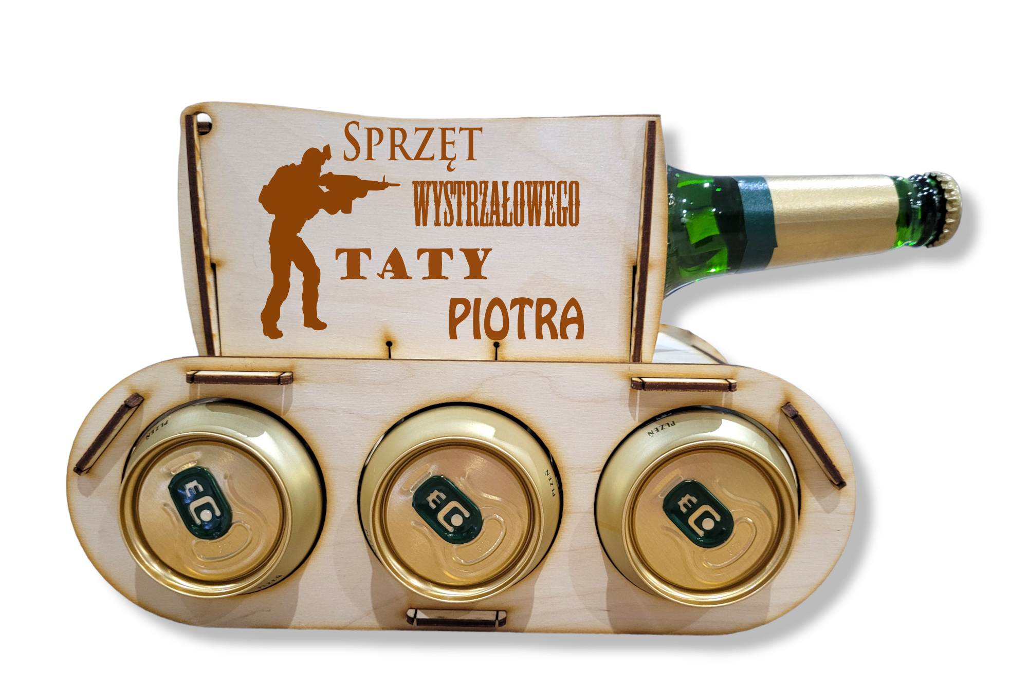 Drewniany czołg na piwo, alkohol, prezent 18, 30, 40, 50 urodziny dla dziadka, chłopaka, taty, kawalerski - GRAWER, IMIĘ, NAPIS