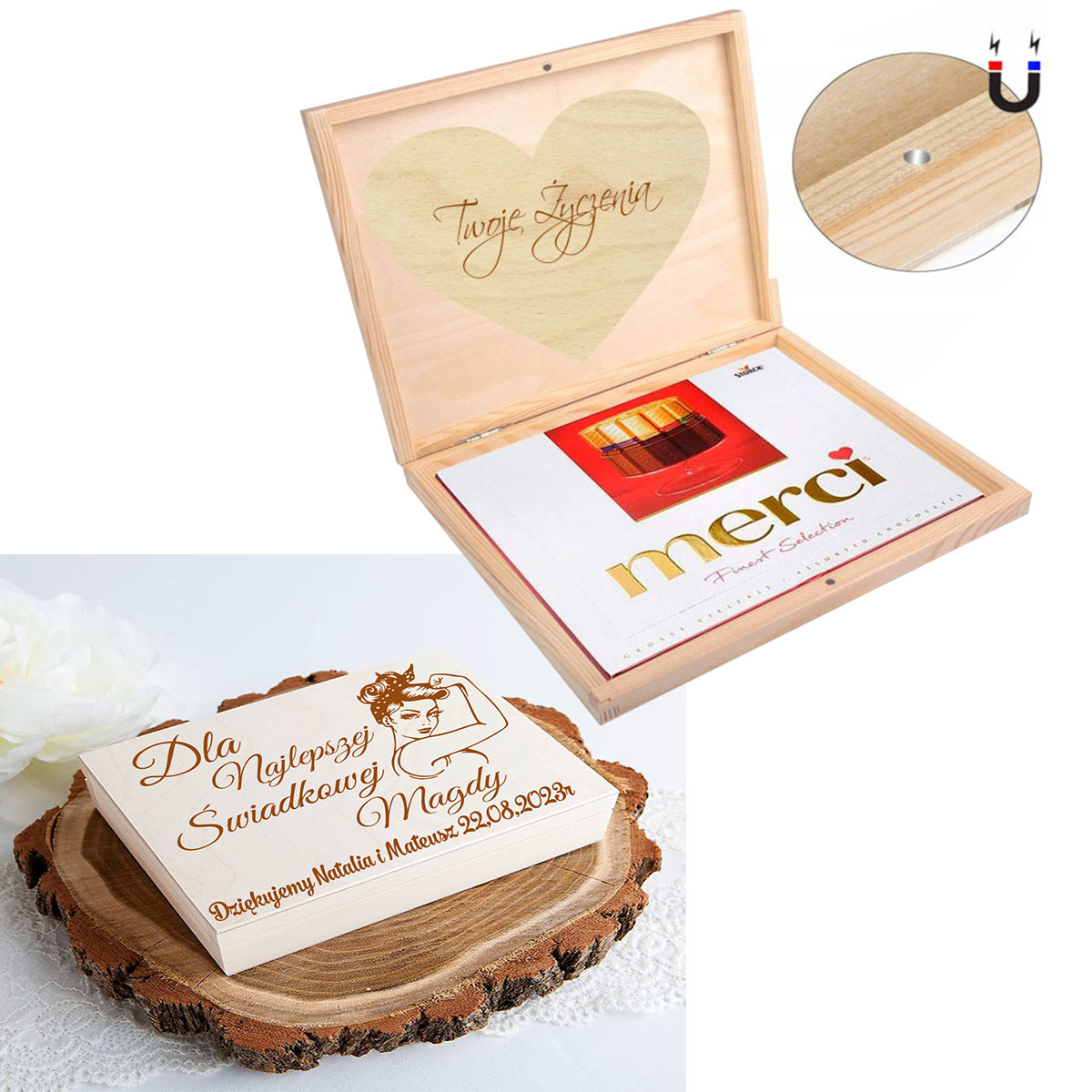Pudełko na czekoladki Merci prezent podziękowanie dla rodziców chrzestnych świadków na ślub twój napis grawer