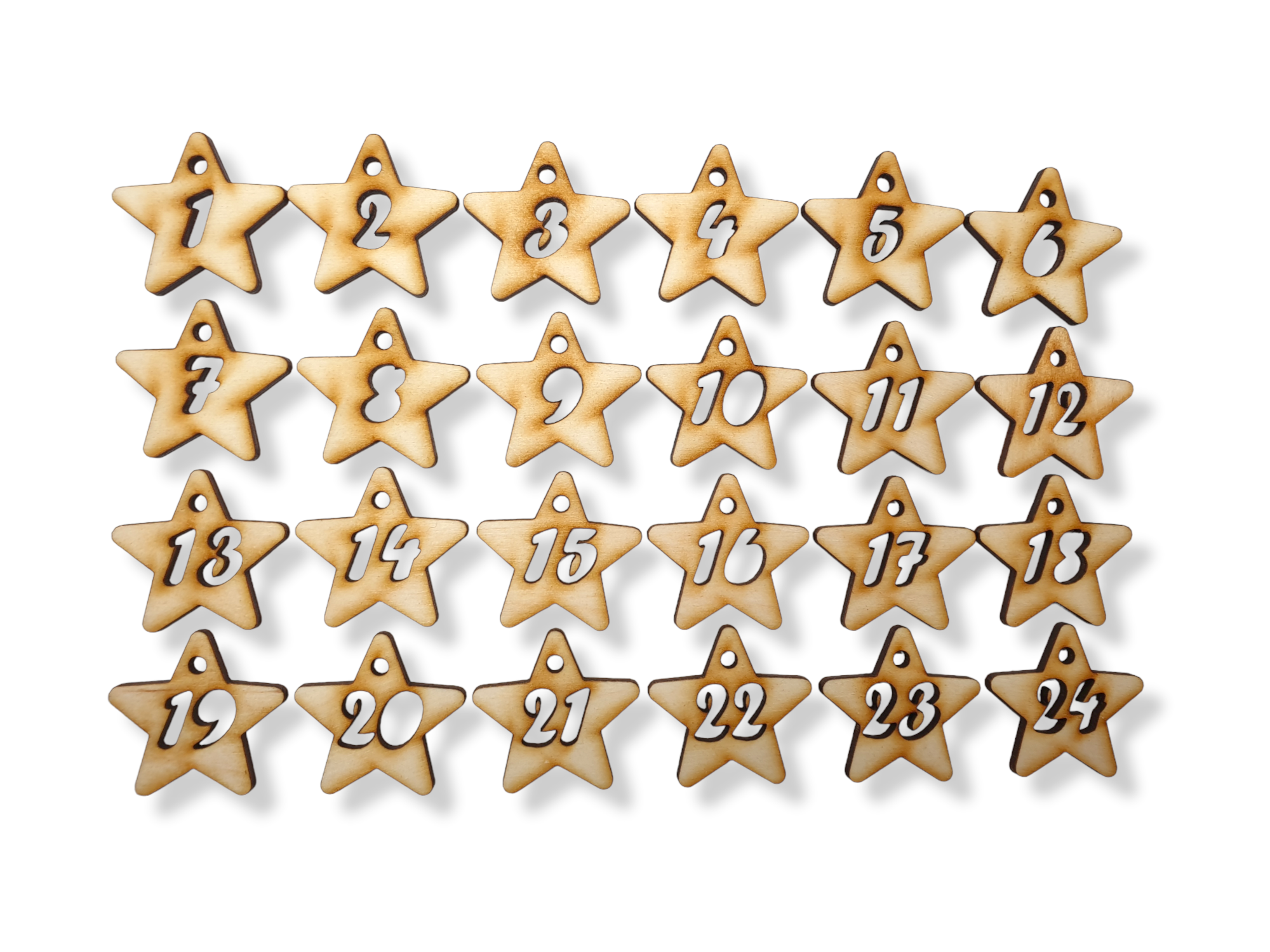 Drewniane numerki do kalendarza adwentowego zawieszki cyferki gwiazdki scrapki dekoracja Boże Narodzenie
