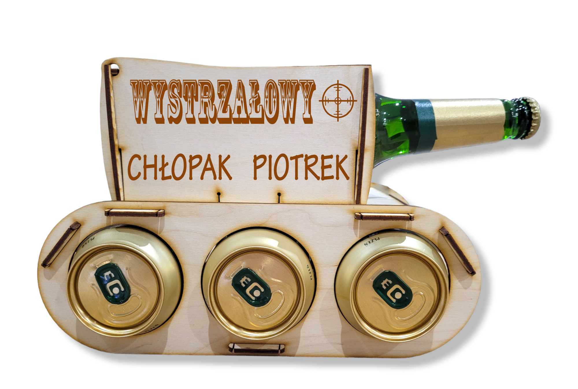 Drewniany czołg na piwo, alkohol, prezent 18, 30, 40, 50 urodziny dla dziadka, chłopaka, taty, kawalerski - GRAWER, IMIĘ, NAPIS