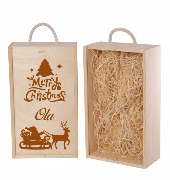 Skrzynka, pudełko drewniane podwójne na wino z grawerem świątecznym + wełna