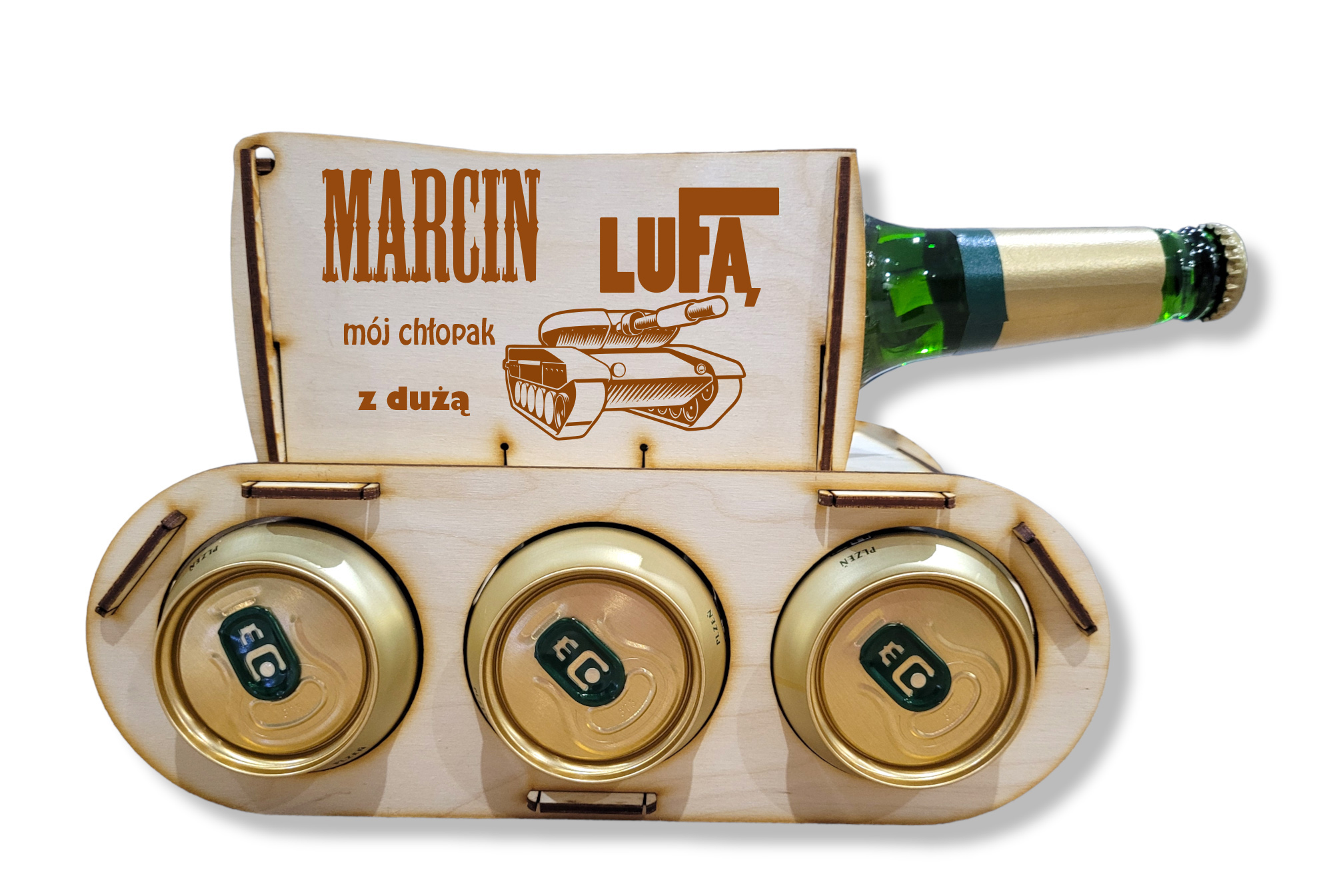 Drewniany czołg na piwo, alkohol, prezent 18, 30, 40, 50 urodziny dla dziadka, chłopaka, taty, kawalerski - GRAWER, IMIĘ, NAPIS