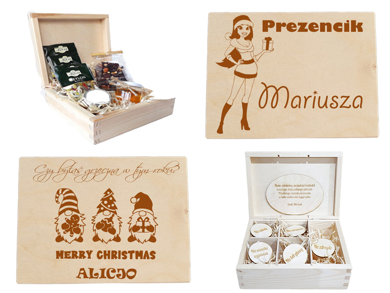 Drewniane pudełko, niezbędnik, herbaciarka z wełną drzewną, prezent na święta Bożego Narodzenia.