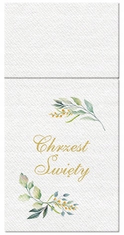 Etui kieszonki na sztućce Chrzest Święty serwetki z nadrukiem, 25 szt. Złoty Napis z zielonymi listeczkami