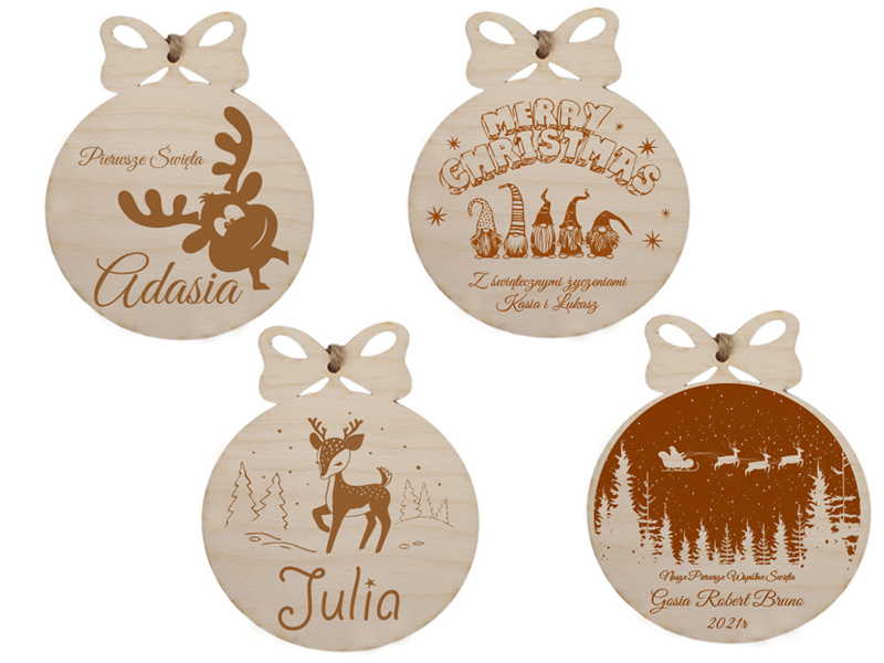 Drewniane zawieszki świąteczne, bombki choinkowe, ozdoba na Boże Narodzenie, BOMBKA 10 cm, naturalne drewno, imię, grawer