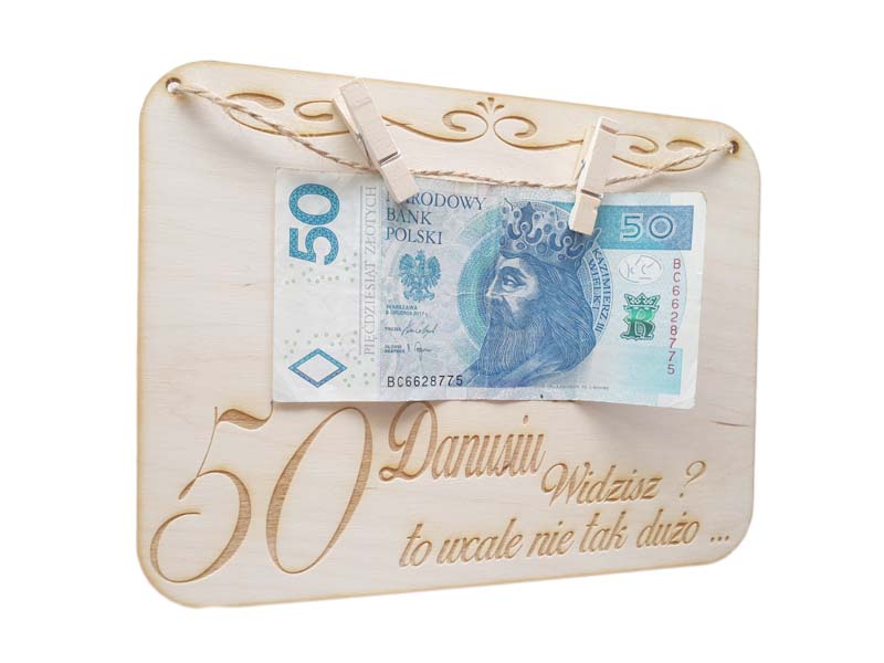 Drewniana kartka na prezent, pieniądze- 50 urodziny IMIĘ, grawer
