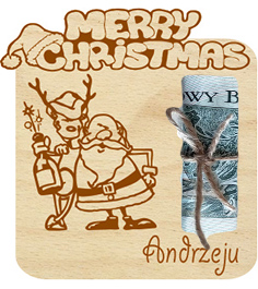 Świąteczny Bon Podarunkowy, drewniana kartka na prezent, pieniadze, banknoty, Imię, napis, słowo, grawer