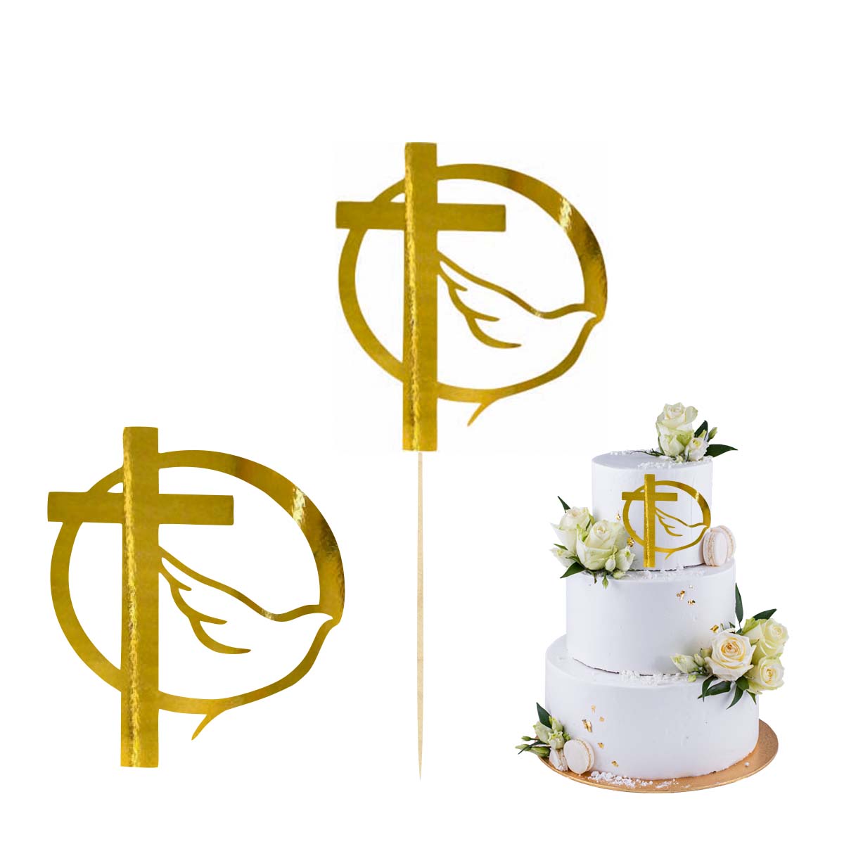 Topper na bok tortu gołąb i krzyż złoty, dekoracja na Komunię Świętą pik scrapki