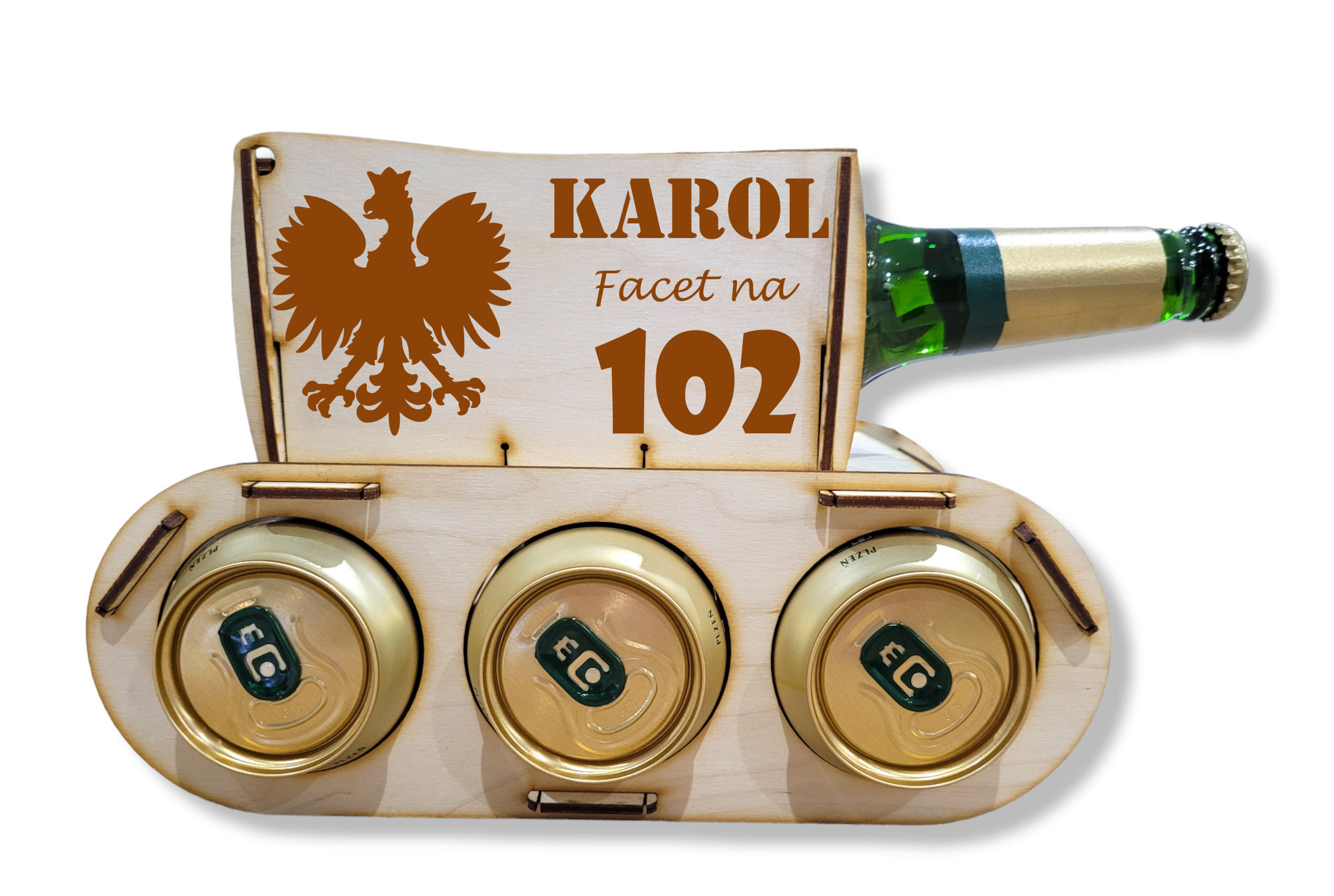 Drewniany czołg na piwo, alkohol, prezent 18, 30, 40, 50 urodziny dla dziadka, chłopaka, taty, kawalerski - GRAWER, IMIĘ, NAPIS