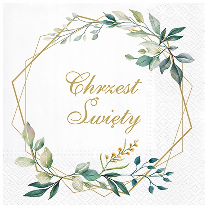 Serwetki na chrzest święty z nadrukiem, 20 szt. złoty heksagon i napis Chrzest Święty zielone gałązki z listami eukaliptusa