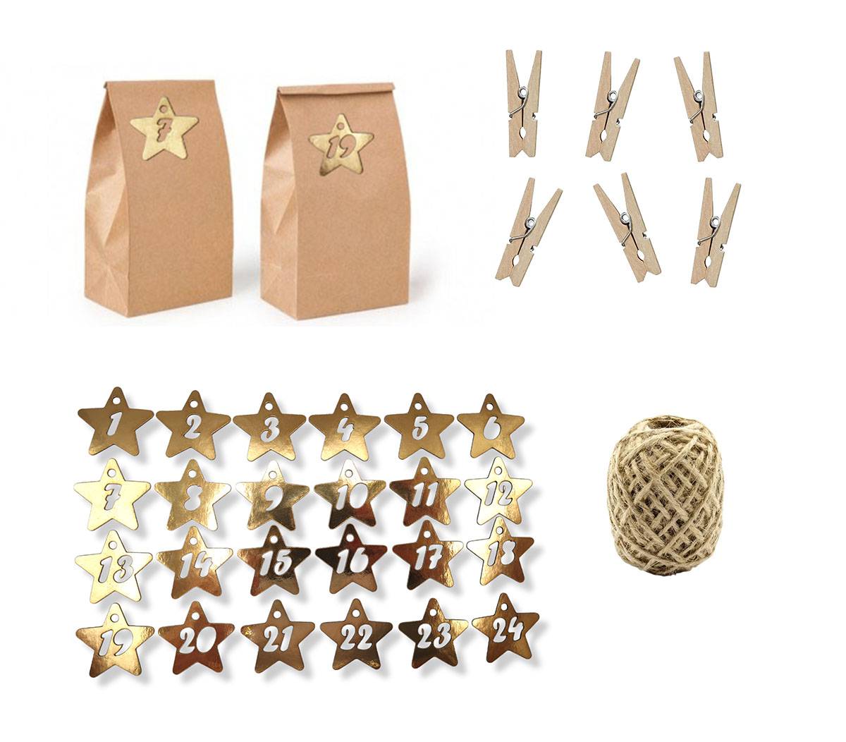 Kalendarz adwentowy torebki kraft 24 szt. + numerki, sznurek i klamerki, Złote gwiazdki, EKO Zestaw