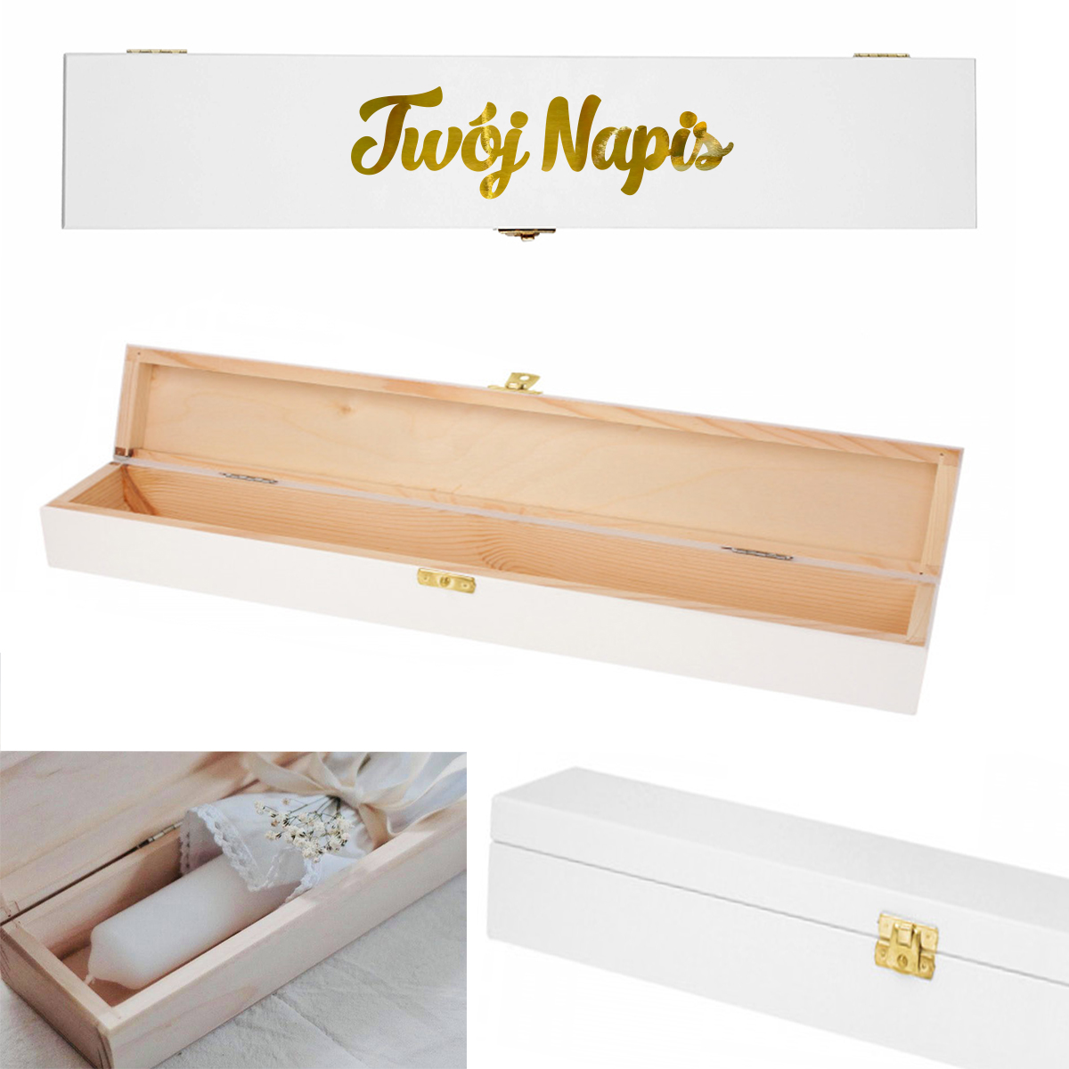 Pudełko drewniane na świecę na Chrzest, Komunię kolor biały, imię data Twój napis złoty lustrzany