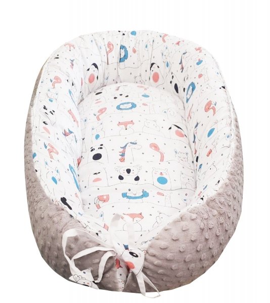 Otulacz kokon dla niemowląt wz. Minky szary/Zwierzęta zoo