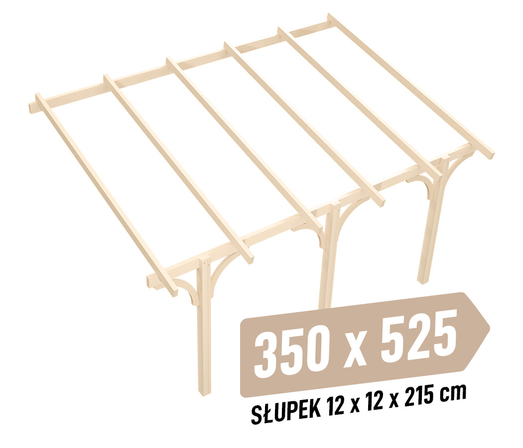 Zadaszenie tarasu KVH Sucha Premium - 350 x 525 cm - słupki 12x12x215 cm przyścienne drewniane - zastrzał łuk