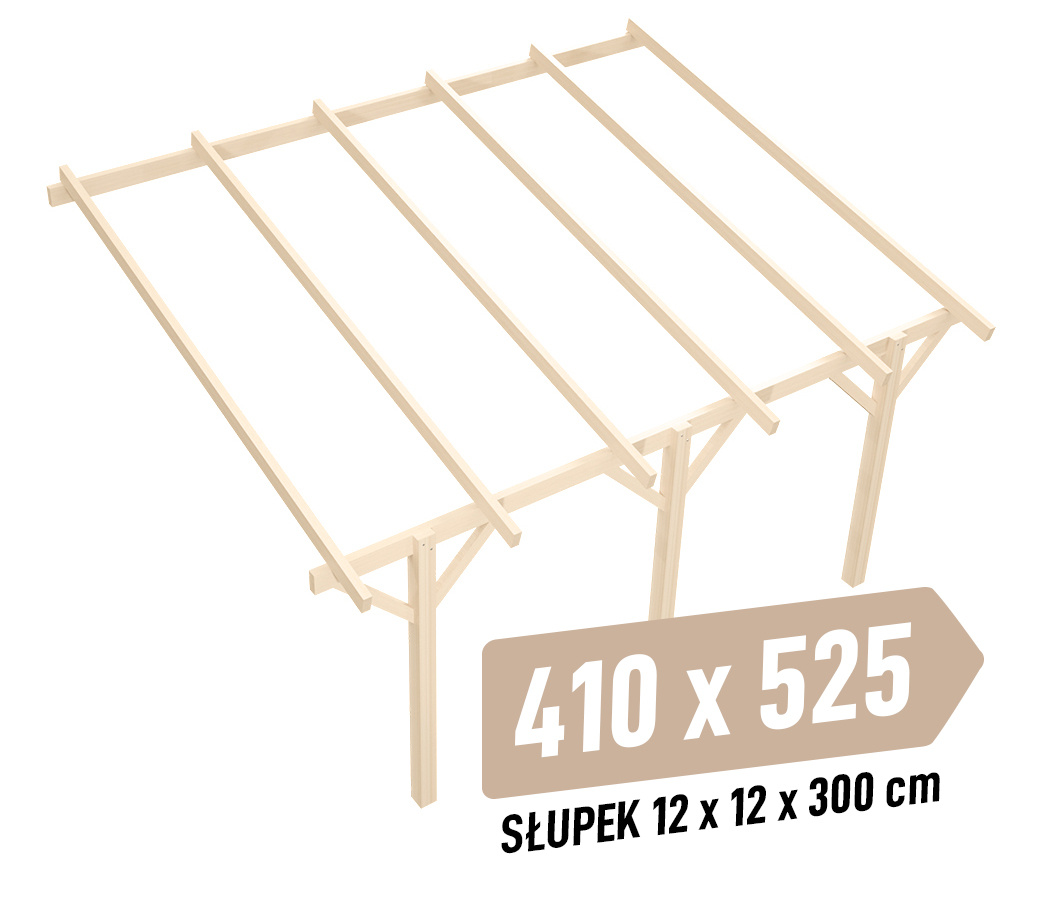 Zadaszenie tarasu KVH Sucha Premium - 410 x 525 cm - słupki 12x12x300 cm przyścienne drewniane - zastrzał prosty