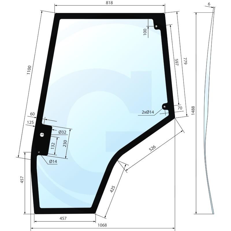 Szyba drzwi prawa, z prostą podstawą, rozstaw otworów 600 mm Massey Ferguson 5425 6445 7499 4272775M1