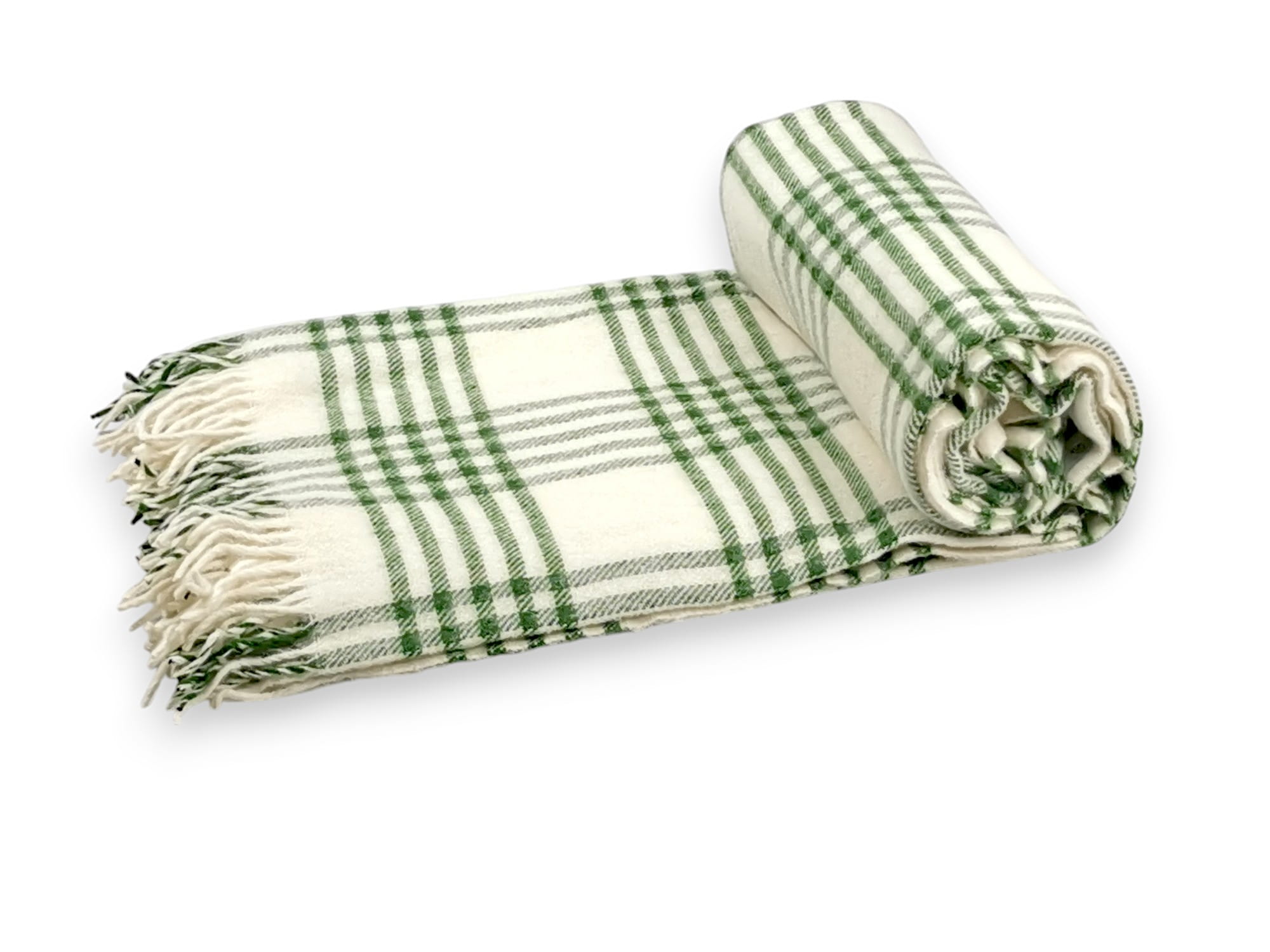 Koc wełniany zielony ecru w linie z frędzlami 155x205