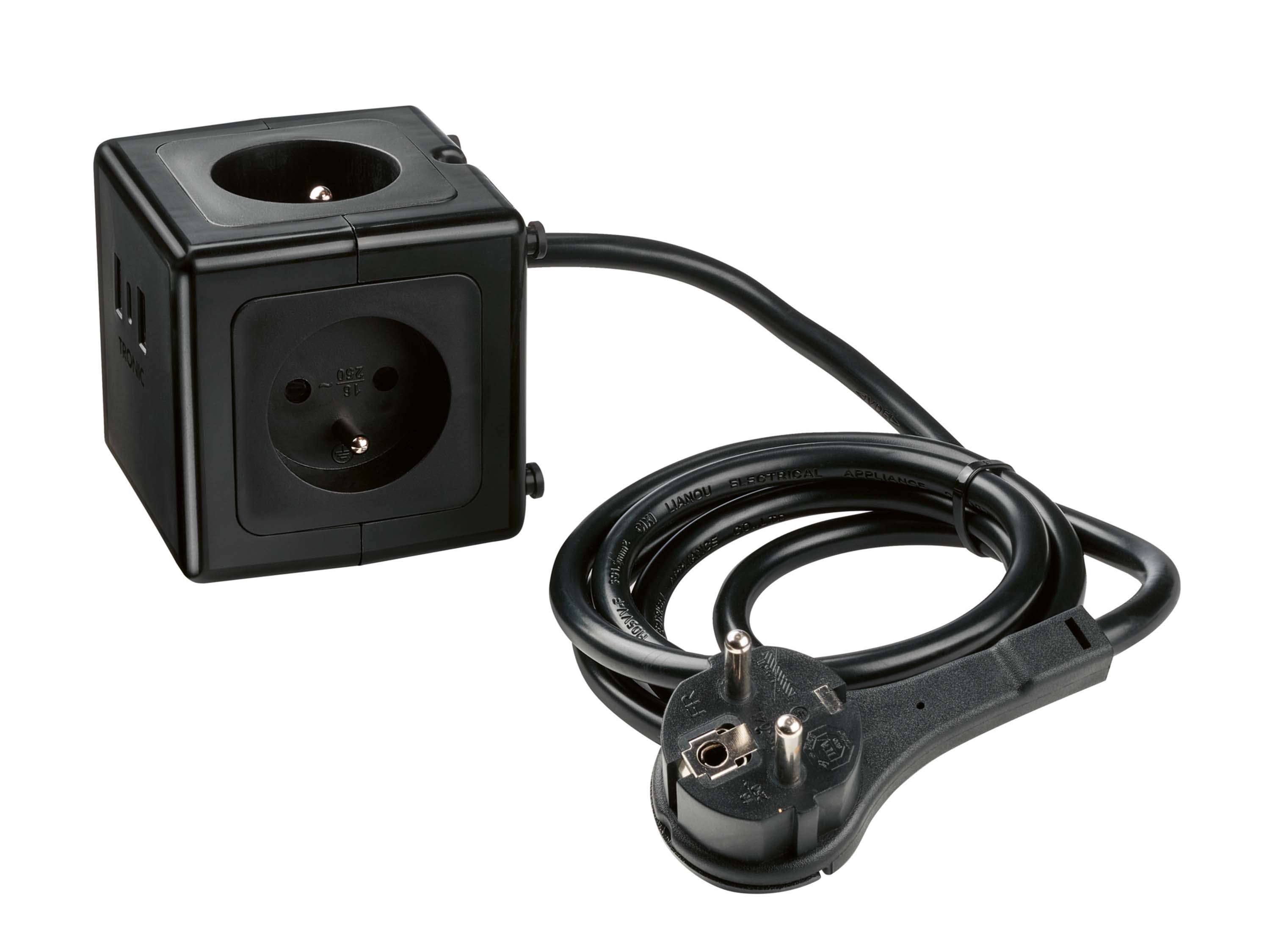 Tronic Przedłużacz kostka z gniazdkami i portami USB Czarny