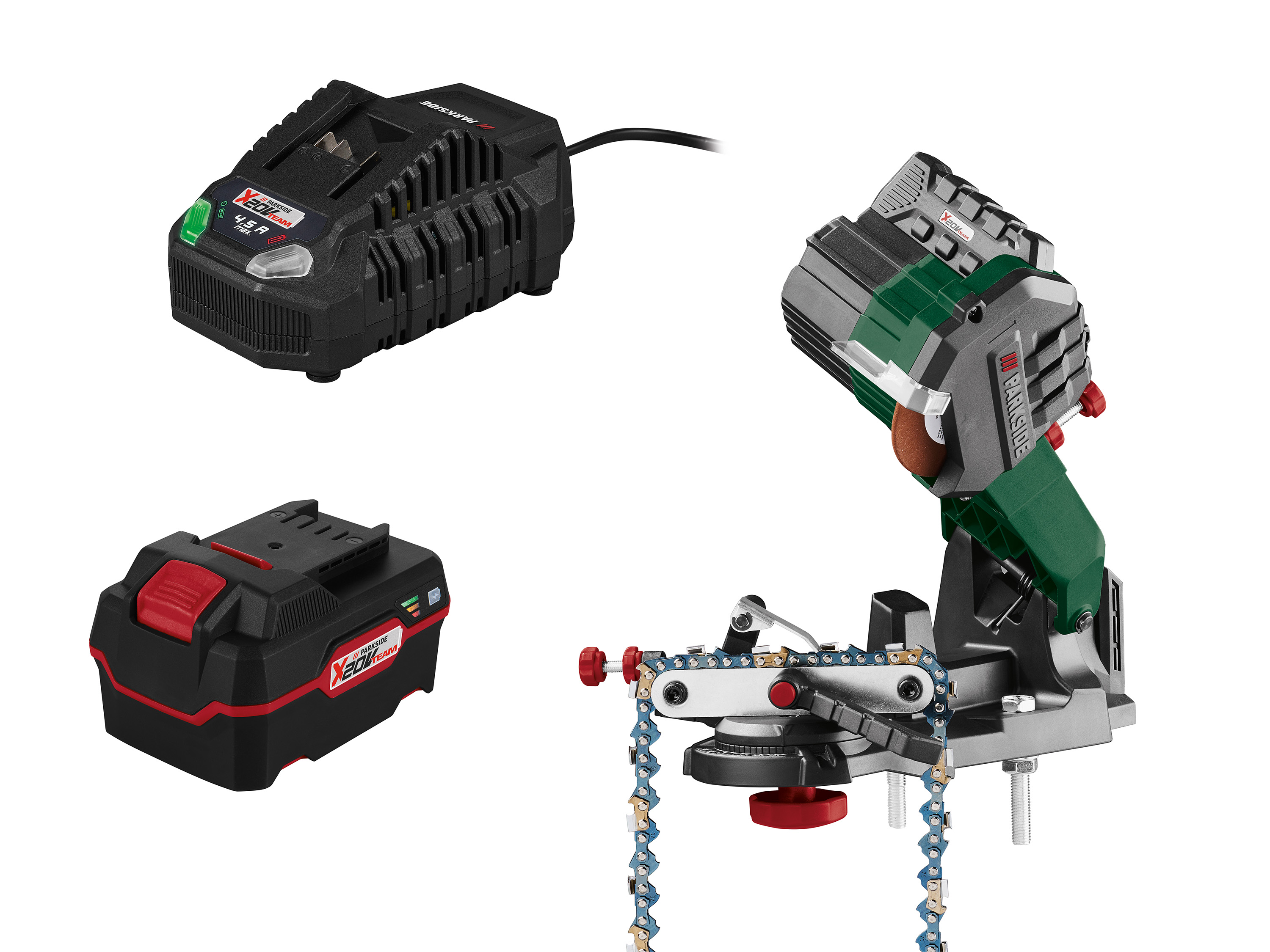Parkside Zestaw Akumulatorowa ostrzałka do pił łańcuchowych 20 V z akumulatorem, 4 Ah i szybką ładowarką, 4,5 A
