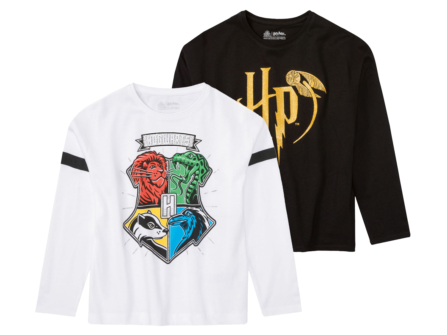 Koszulki dziewczęce bawełniane z długim rękawem, z kolekcji Harry Potter, 2 sztuki 146/152, Biały/ czarny
