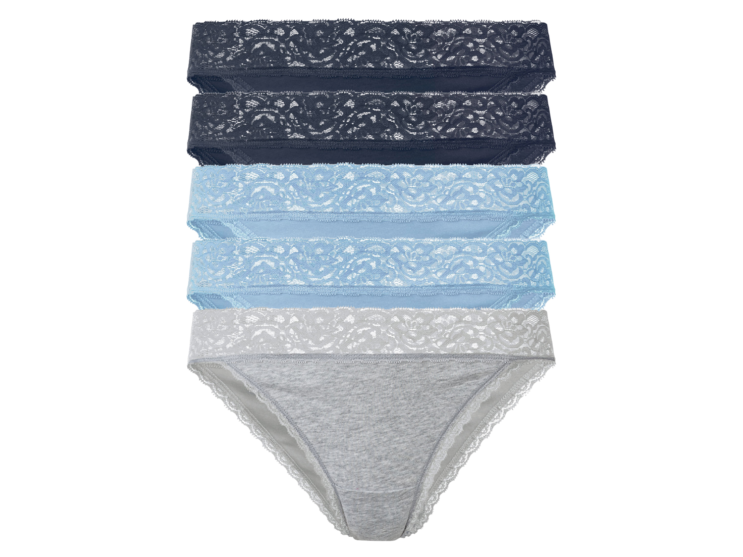esmara Figi damskie z elegancką koronką, 5 par Szary/ granatowy/ niebieski, S36/38