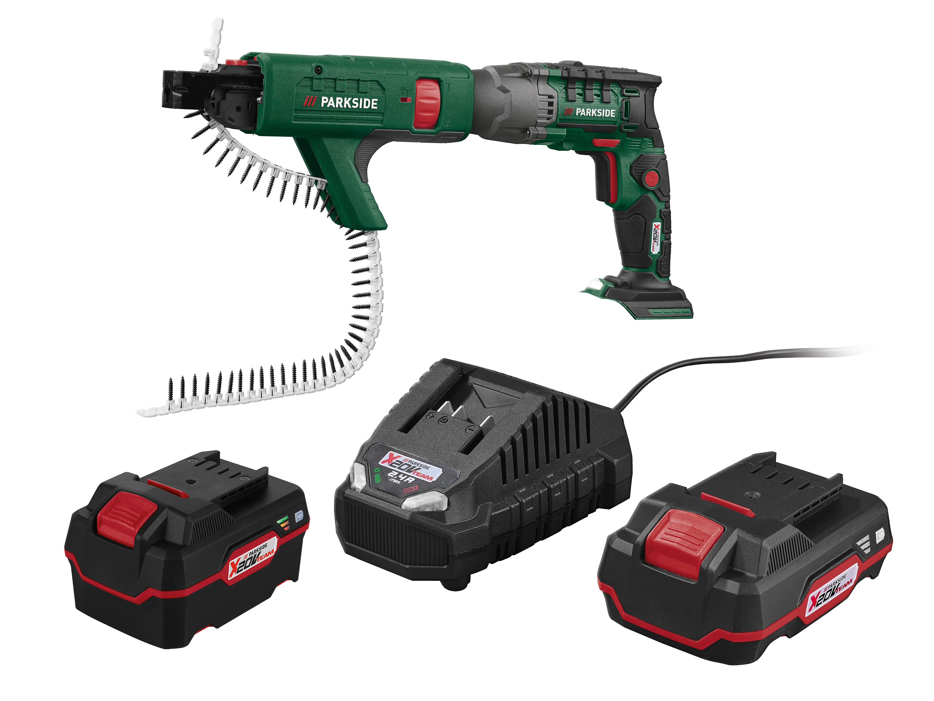 Parkside Zestaw Akumulatorowa wkrętarka do suchej zabudowy 20 V, z 2 akumulatorami 2 Ah i 4 Ah i ładowarką 2,4