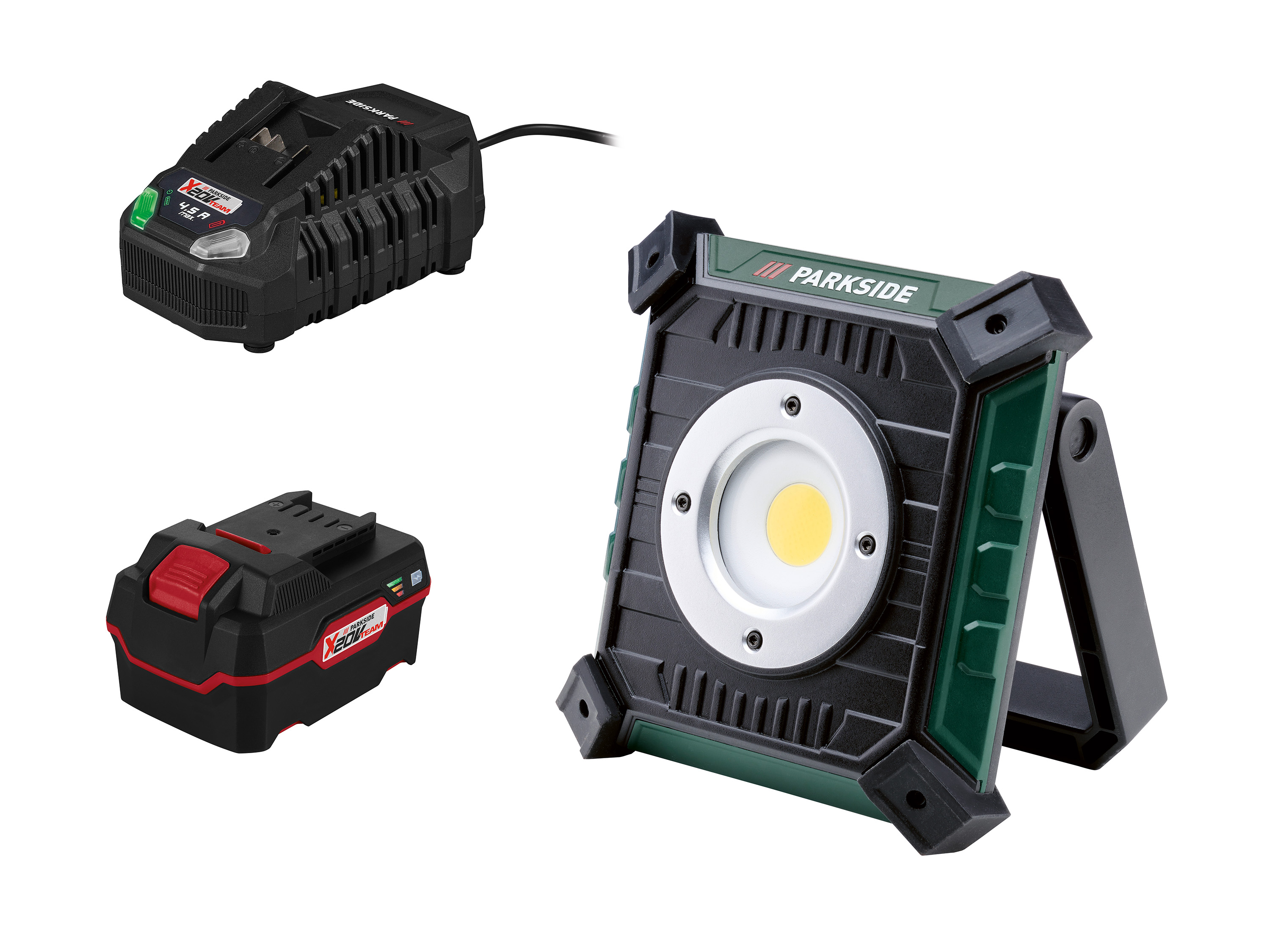 Parkside Zestaw Akumulatorowa lampa budowlana LED 20 V z akumulatorem, 4 Ah i szybką ładowarką, 4,5 A