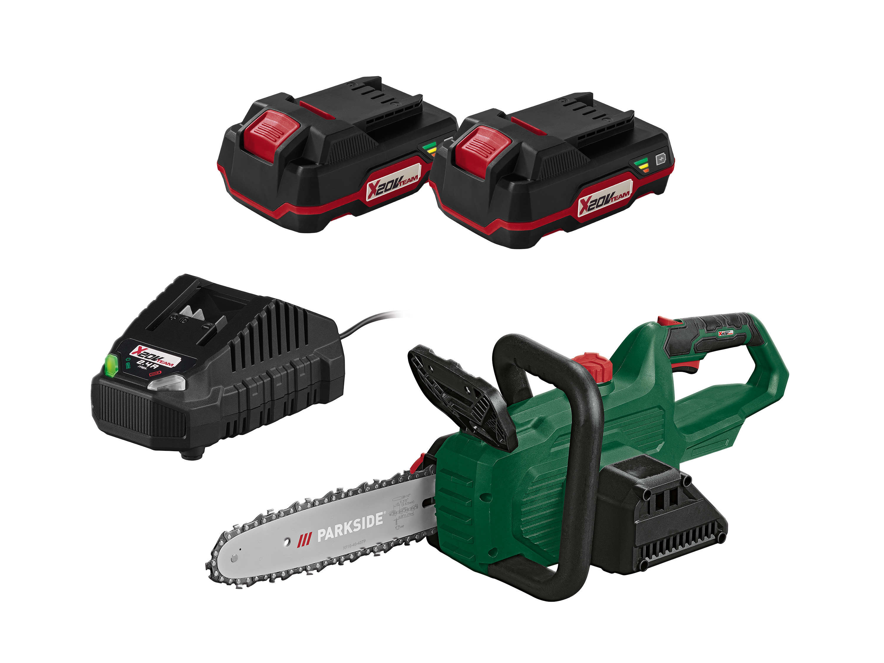 Parkside Zestaw Akumulatorowa piła łańcuchowa 20 V z 2 akumulatorami 2 Ah i ładowarką 2,4 A