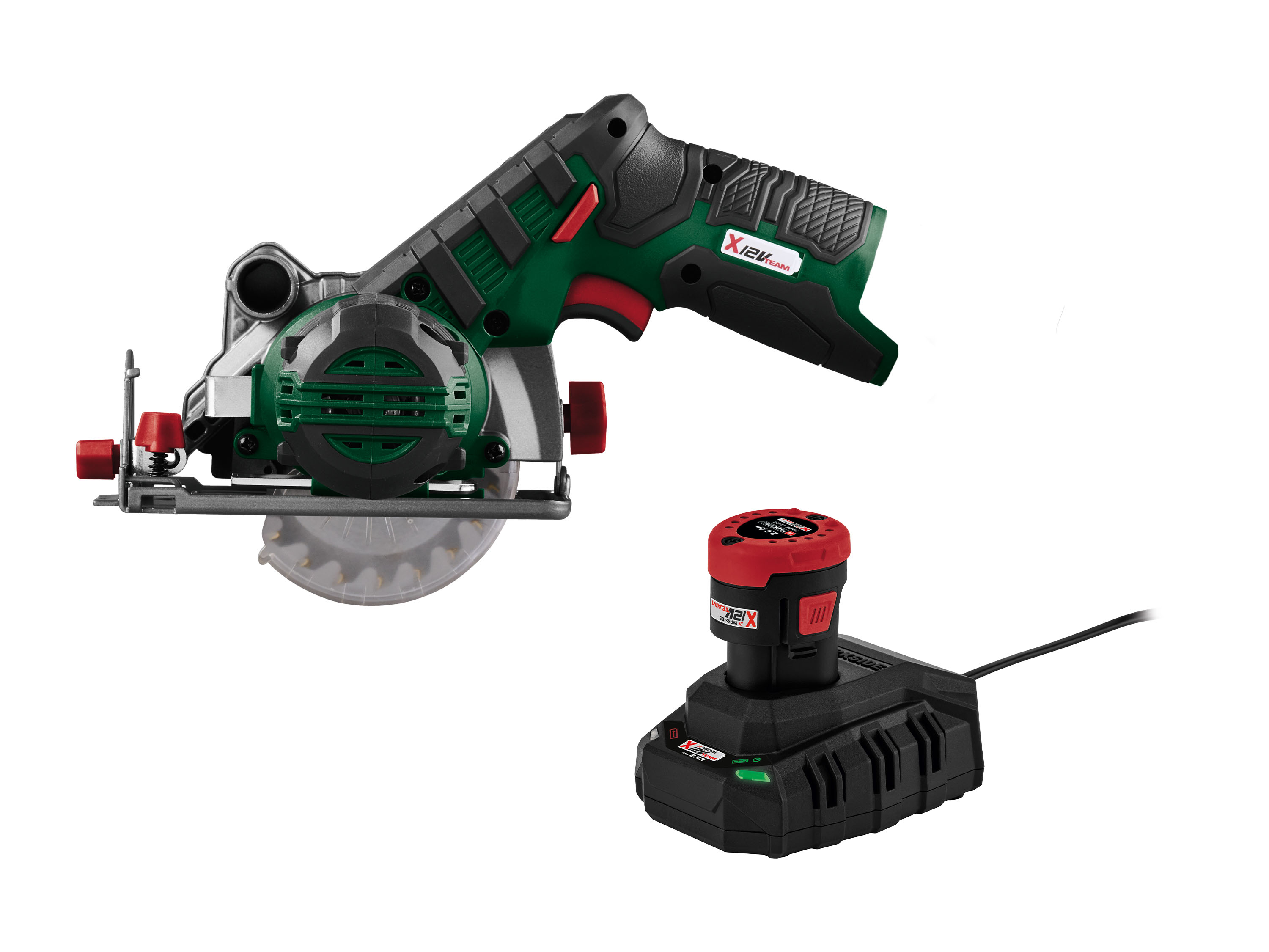 Parkside Zestaw Akumulatorowa pilarka ręczna tarczowa 12 V z akumulatorem, 2 Ah i ładowarką, 2,4 A