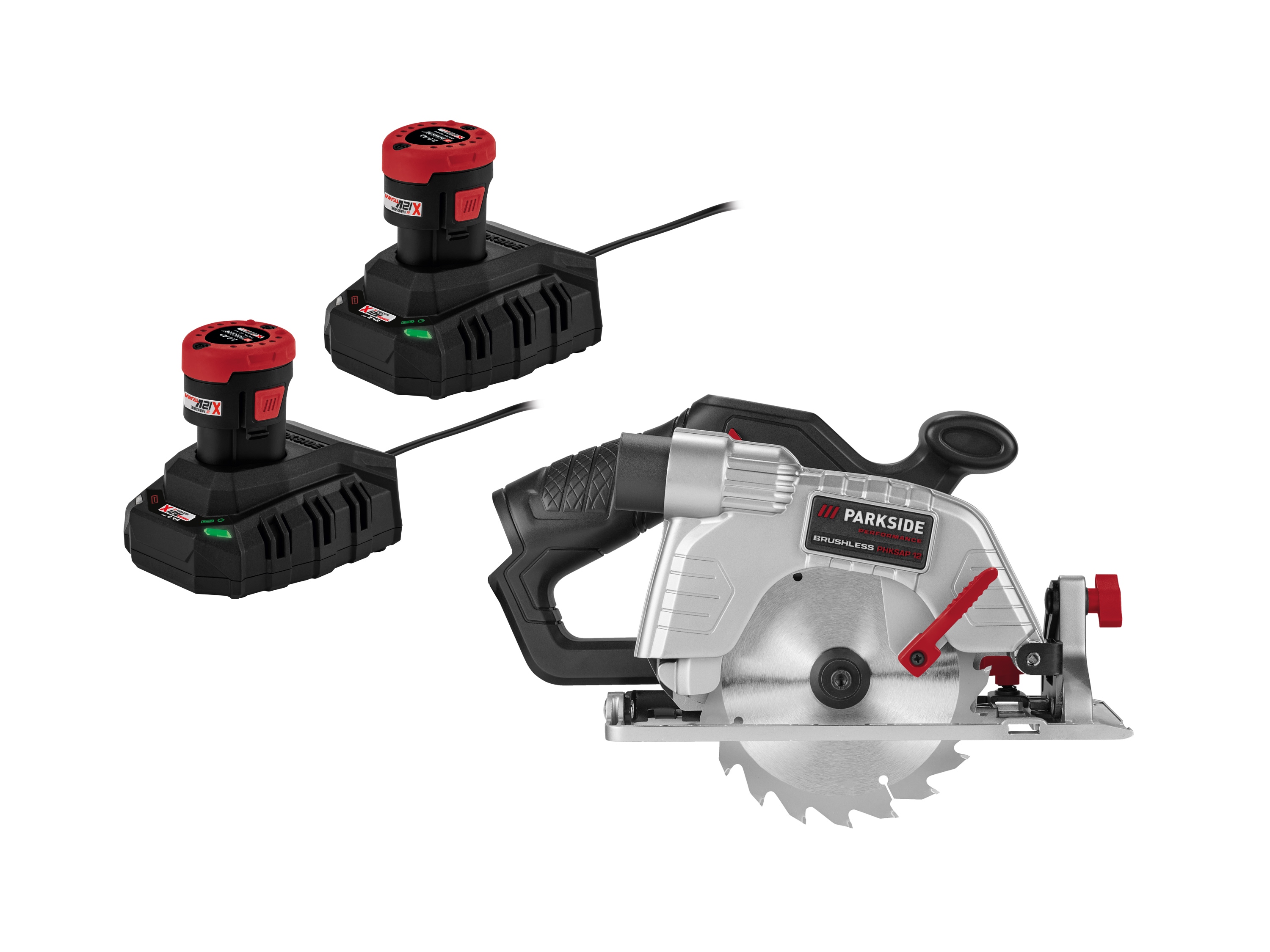 Zestaw Akumulatorowa piła ręczna tarczowa, 12 V z 2 akumulatorami, 2 Ah i 2 ładowarkami, 2,4 A