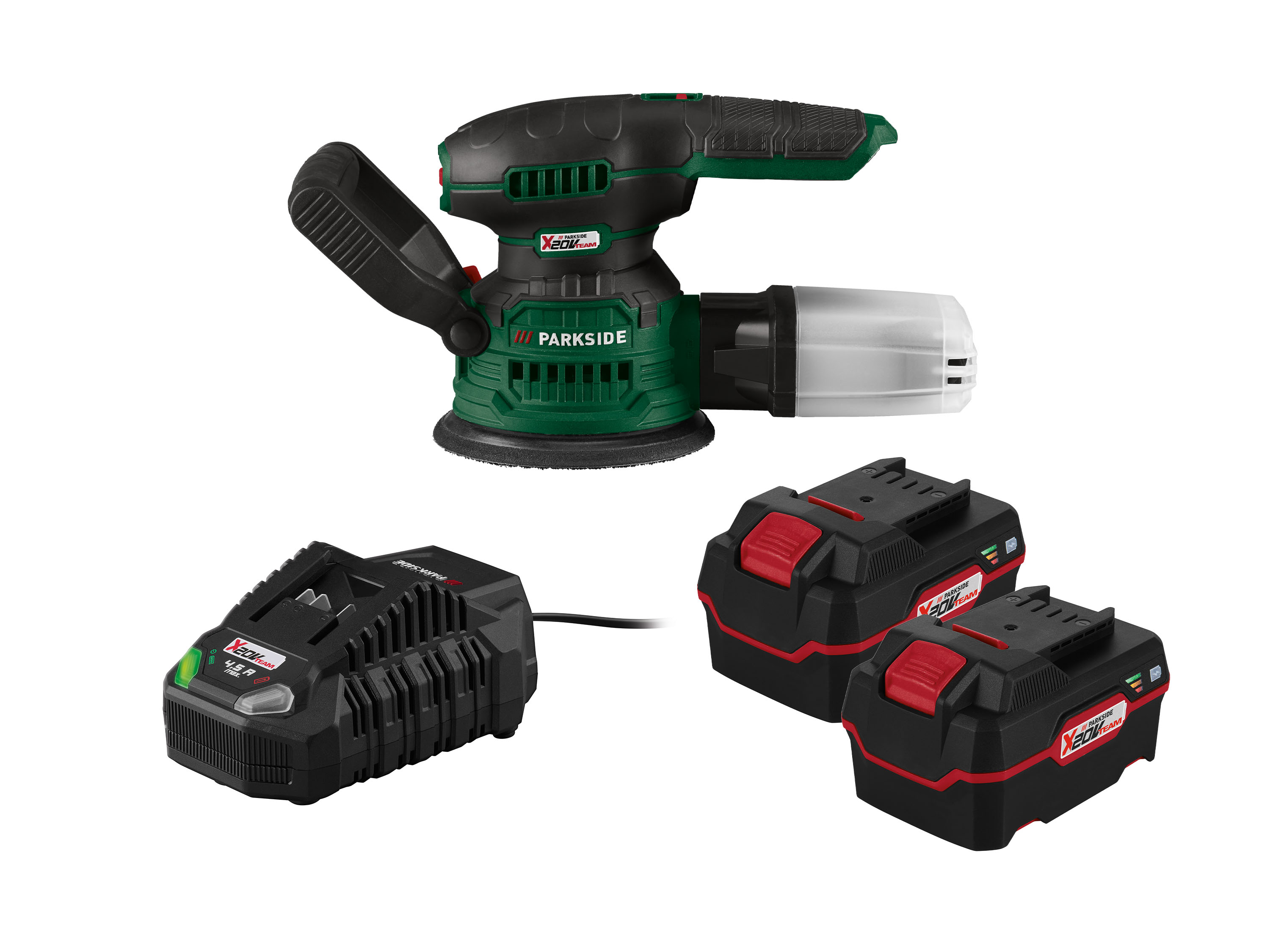 Parkside Zestaw Akumulatorowa szlifierka mimośrodowa 20 V z 2 akumulatorami, 4 Ah i szybką ładowarką, 4,5 A